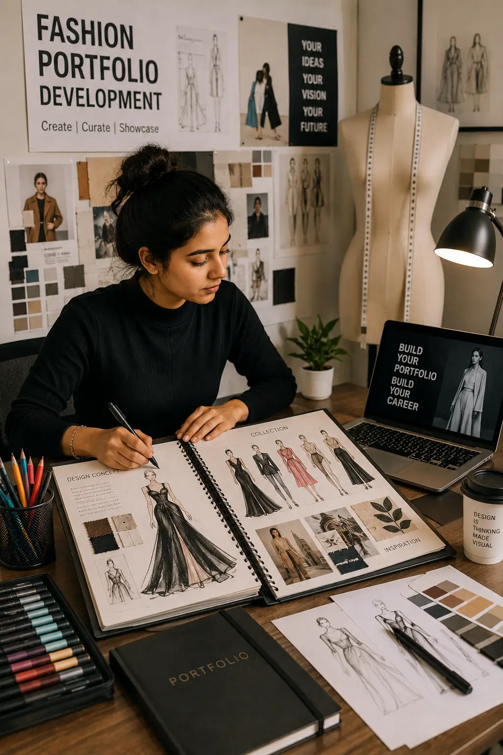 Fashion student developing a professional design portfolio